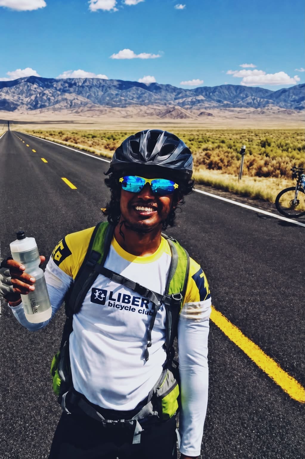 Cyclist on empty desert highway, mountains in background